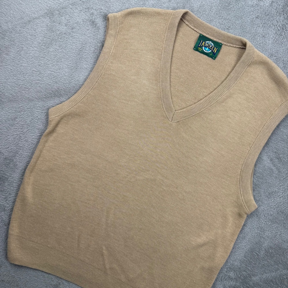 Jantzen Sweater Vest Mens Large Tan Excellent 90s V-Neck Knit Made in USA